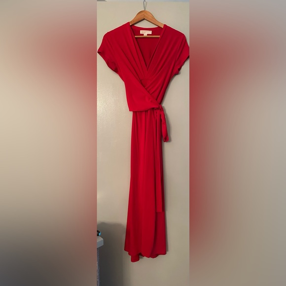 MICHAEL KORS Red High/Low Surplice V-Neck Tie Stretch Maxi Dress size 14P - Picture 7 of 7